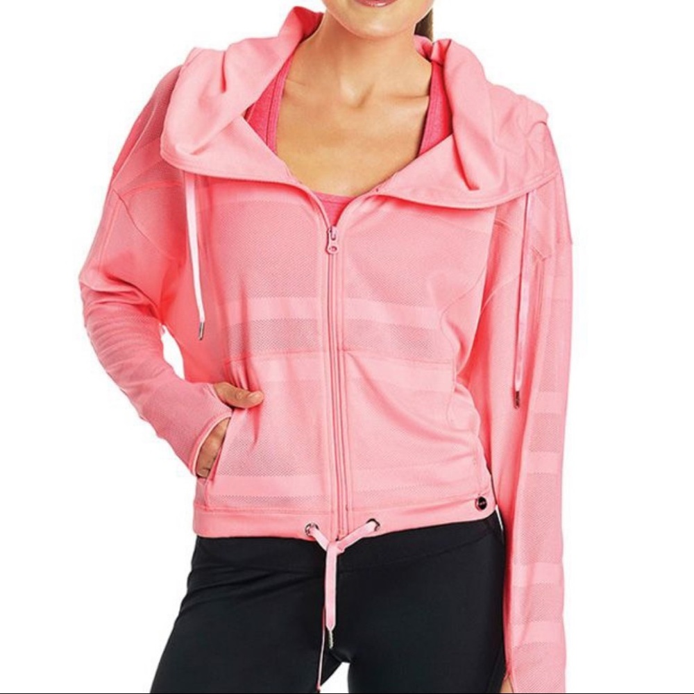 Lorna Jane Kylie Mesh Hoodie Crop Jacket Neon Pink